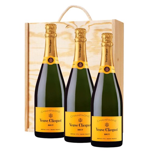 3 x Veuve Clicquot Brut Yellow Label Champagne 75cl Treble Wooden Gift Boxed Champagne